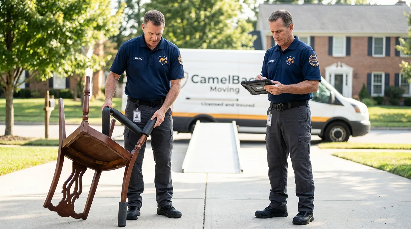 Movers inspecting furniture for damage prevention before loading in Dunedin, FL