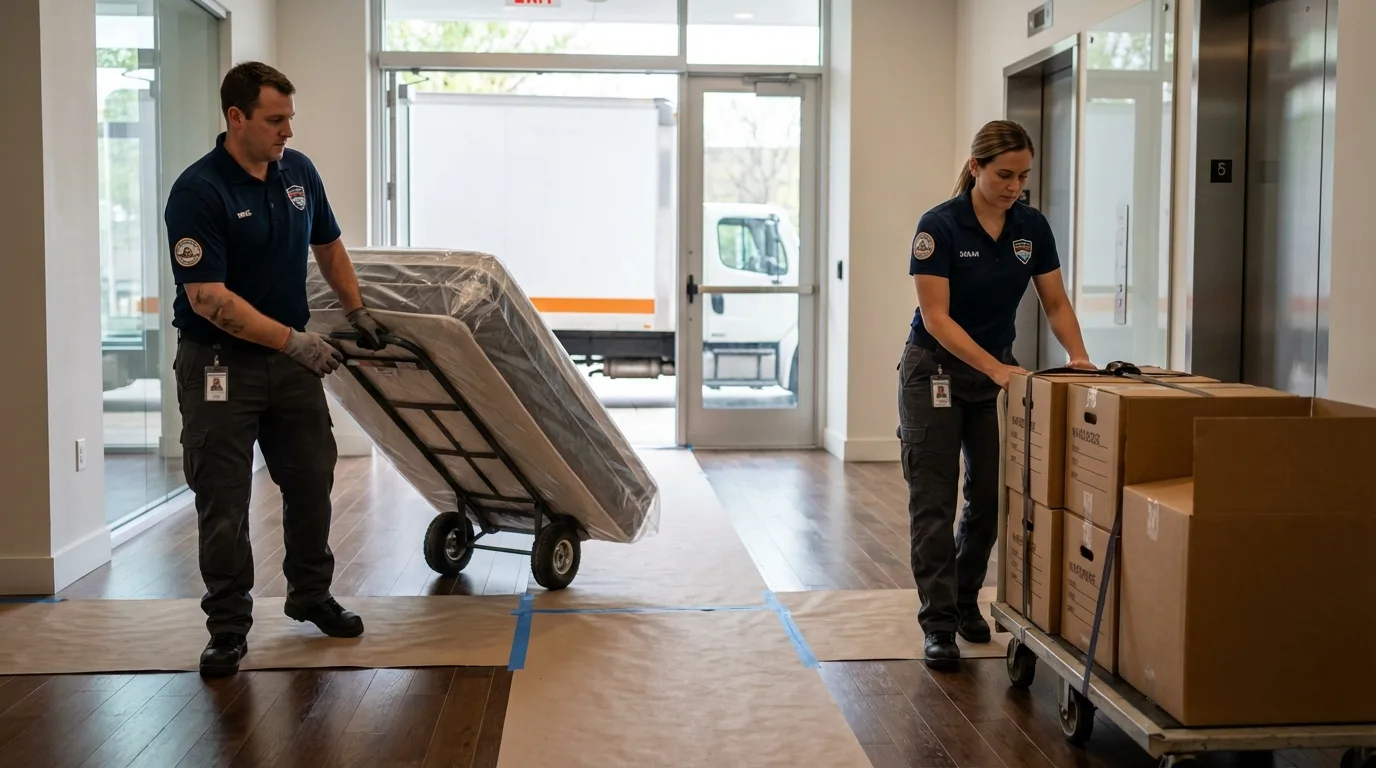 Professional apartment movers loading elevator in Dunedin, FL