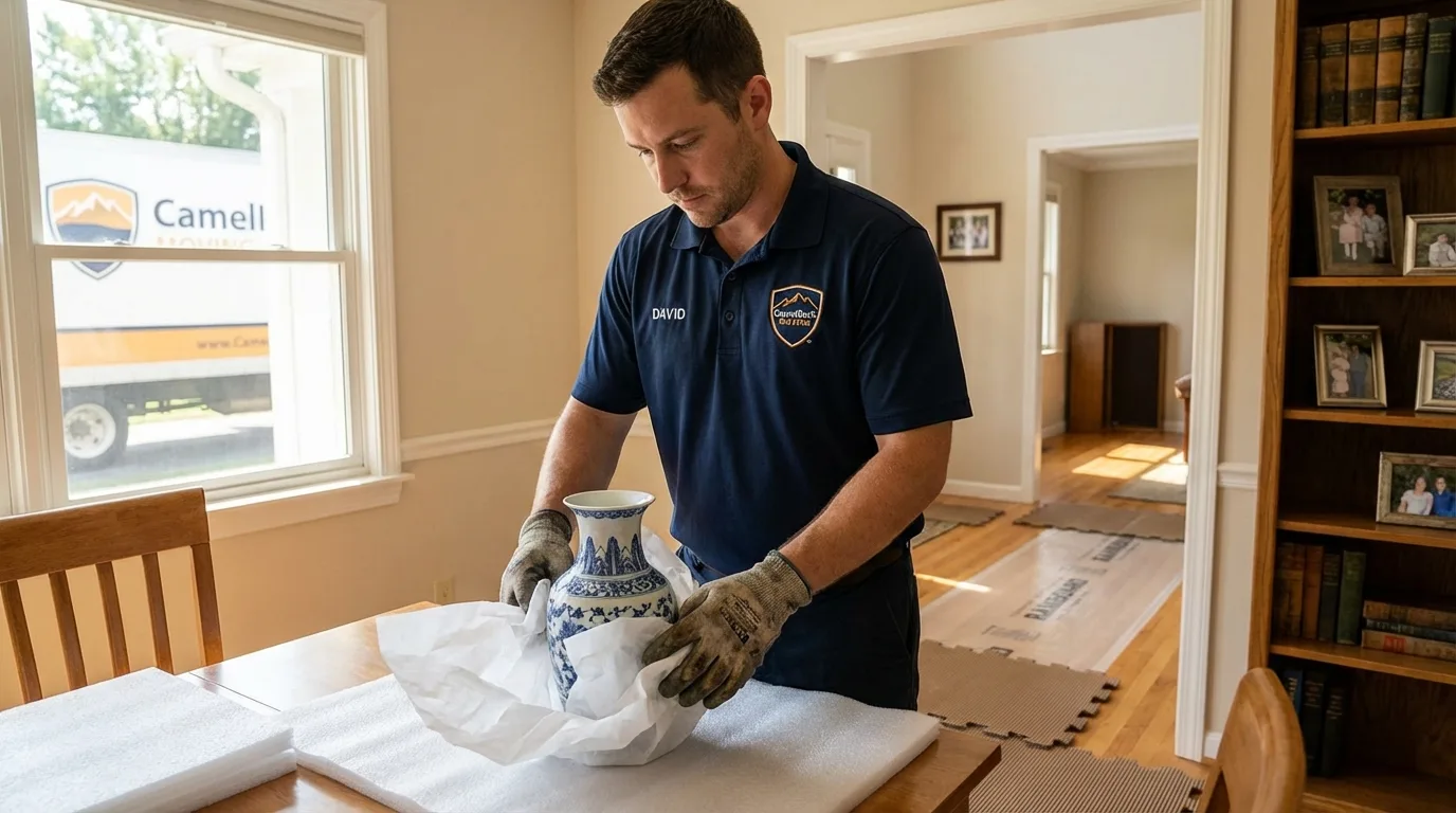 Professional crew carefully wrapping antique vase for senior downsizing move in Dunedin, FL